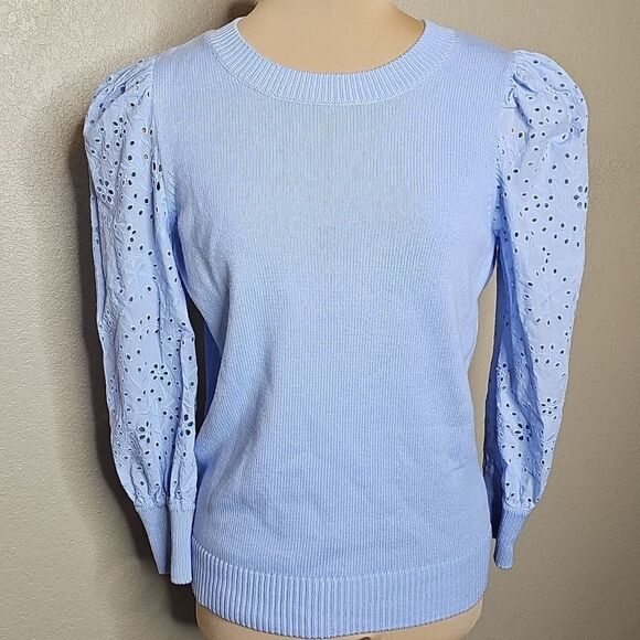 LOFT Small Eyelet Sleeve Sweater Knit Top Blue - Picture 2 of 9